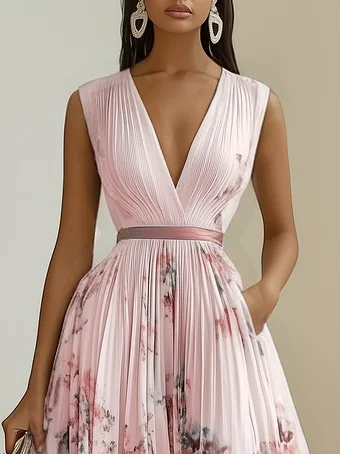 White Pleated Floral Chiffon V Neck Sleeveless A-Line Midi Dress