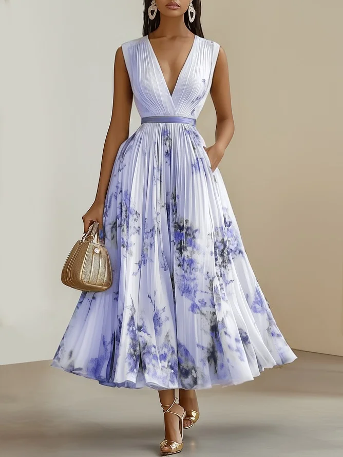 White Pleated Floral Chiffon V Neck Sleeveless A-Line Midi Dress