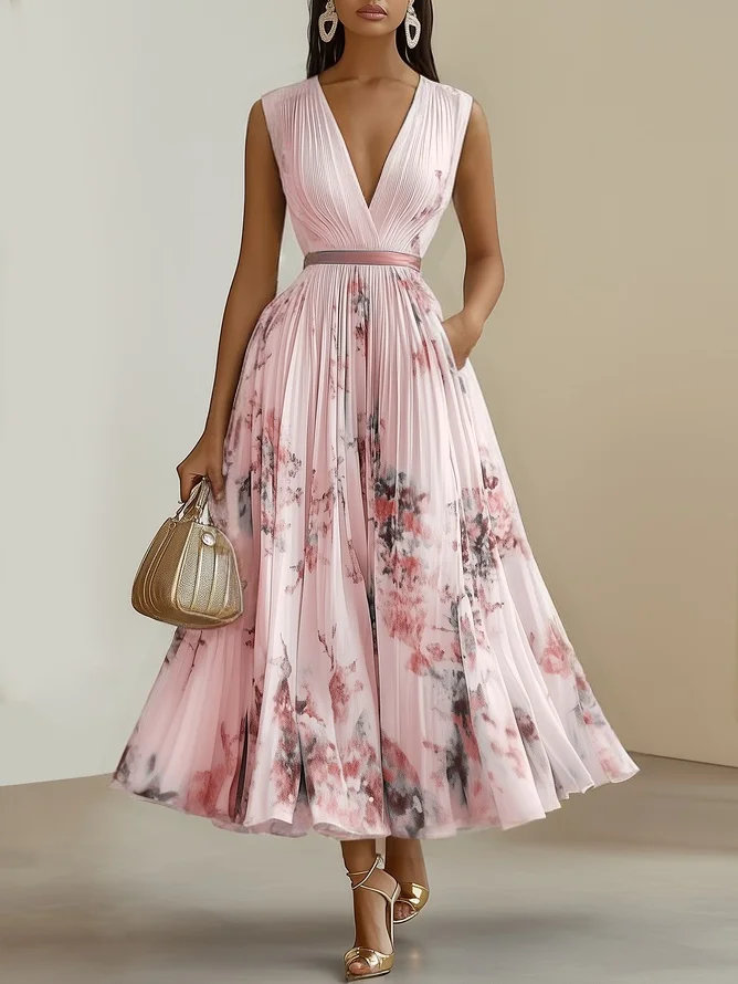 White Pleated Floral Chiffon V Neck Sleeveless A-Line Midi Dress