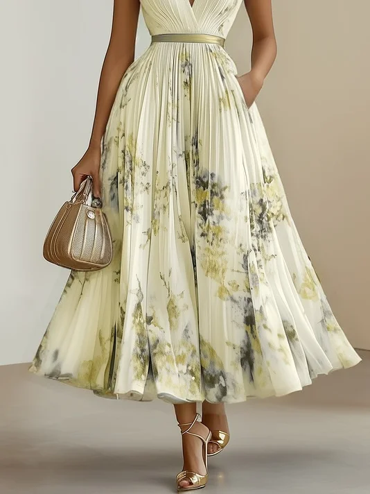 White Pleated Floral Chiffon V Neck Sleeveless A-Line Midi Dress