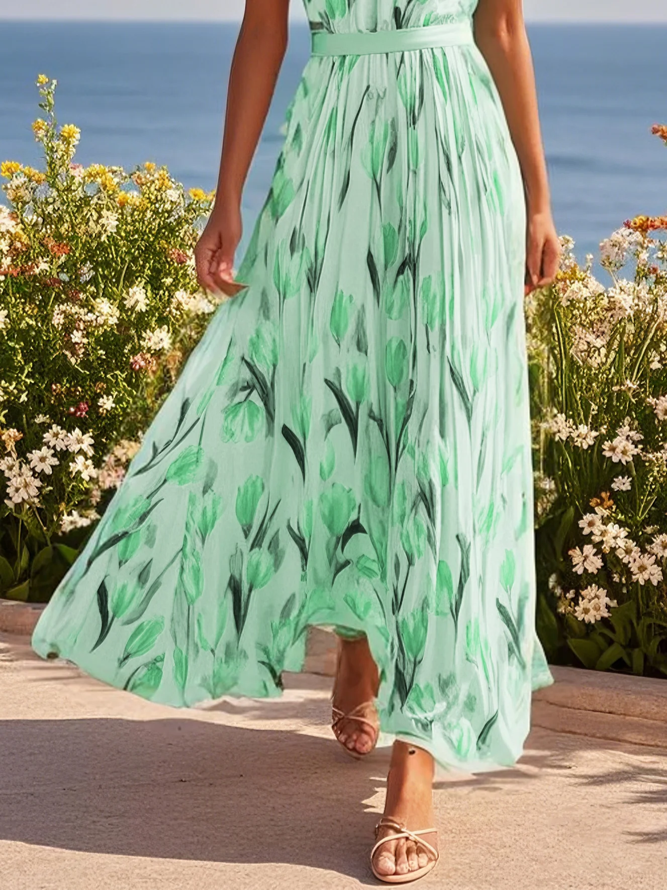 Pink Floral Crew Neck Sleeveless A-Line Maxi Chiffon Dress