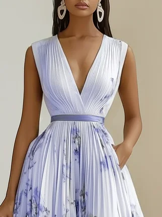 White Pleated Floral Chiffon V Neck Sleeveless A-Line Midi Dress