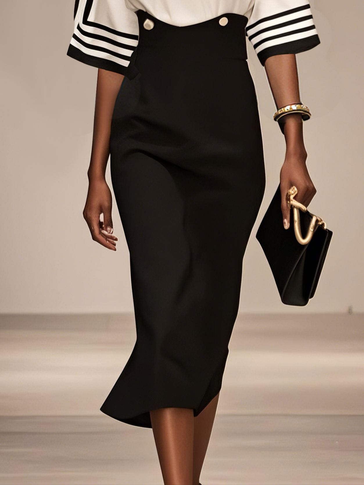Black Striped Boat Neck Half Sleeve Sheath Midi Satin Dress