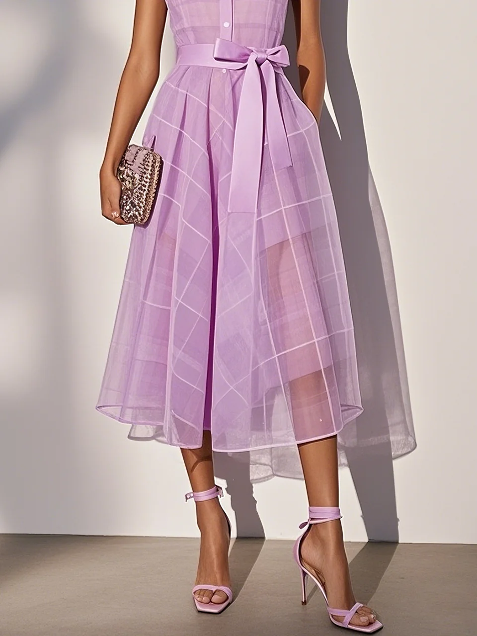 lavender Shirt Dress Shirt Collar Sleeveless A-Line Midi Dress