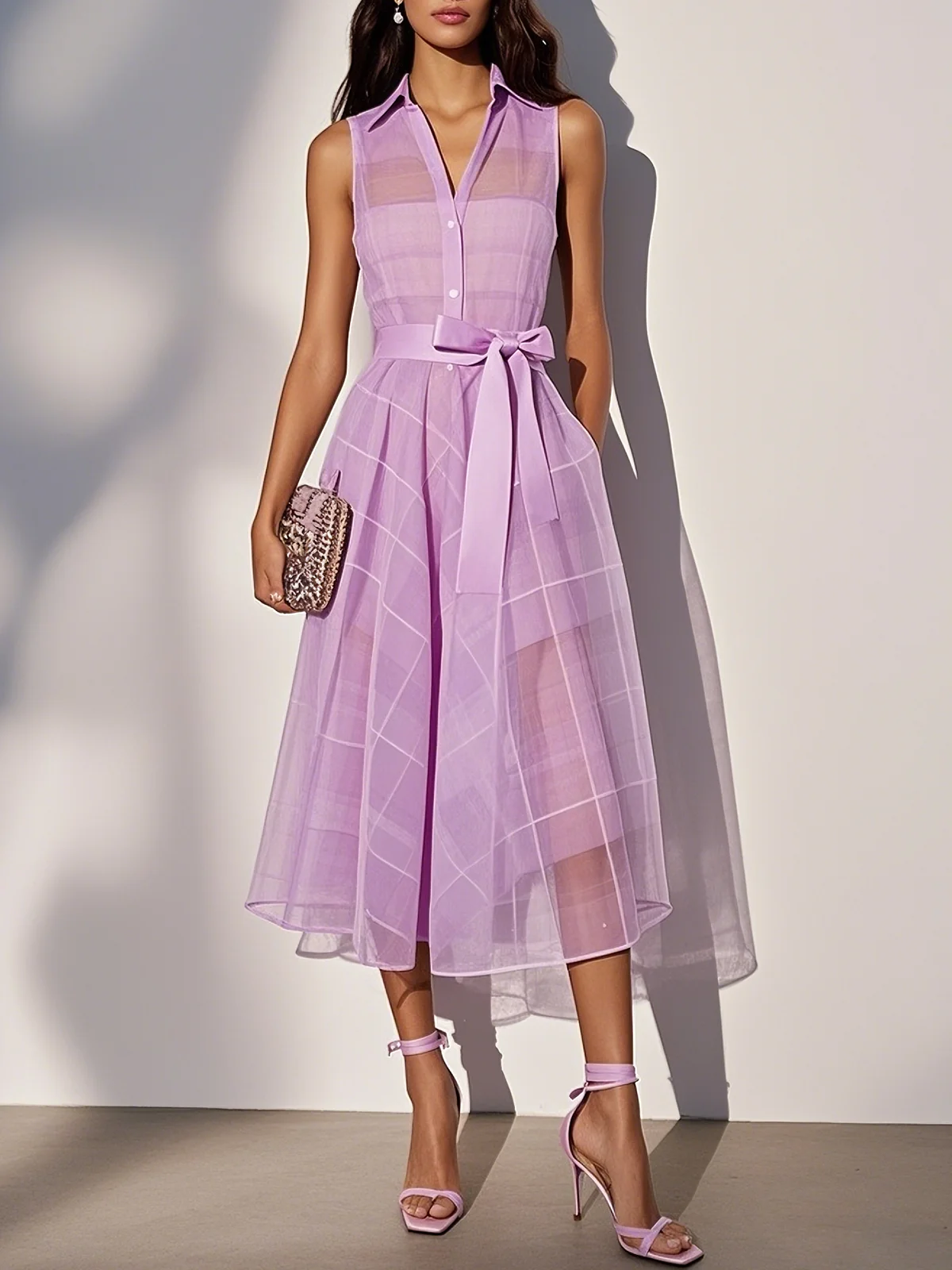 lavender Shirt Dress Shirt Collar Sleeveless A-Line Midi Dress