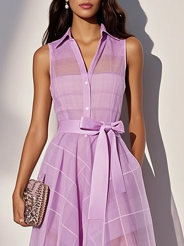 lavender Shirt Dress Shirt Collar Sleeveless A-Line Midi Dress
