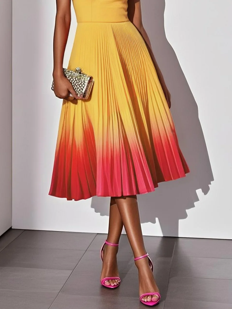 Orange Pleated Classic Square Neck Sleeveless A-Line Midi Dress