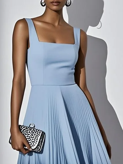 Orange Pleated Classic Square Neck Sleeveless A-Line Midi Dress