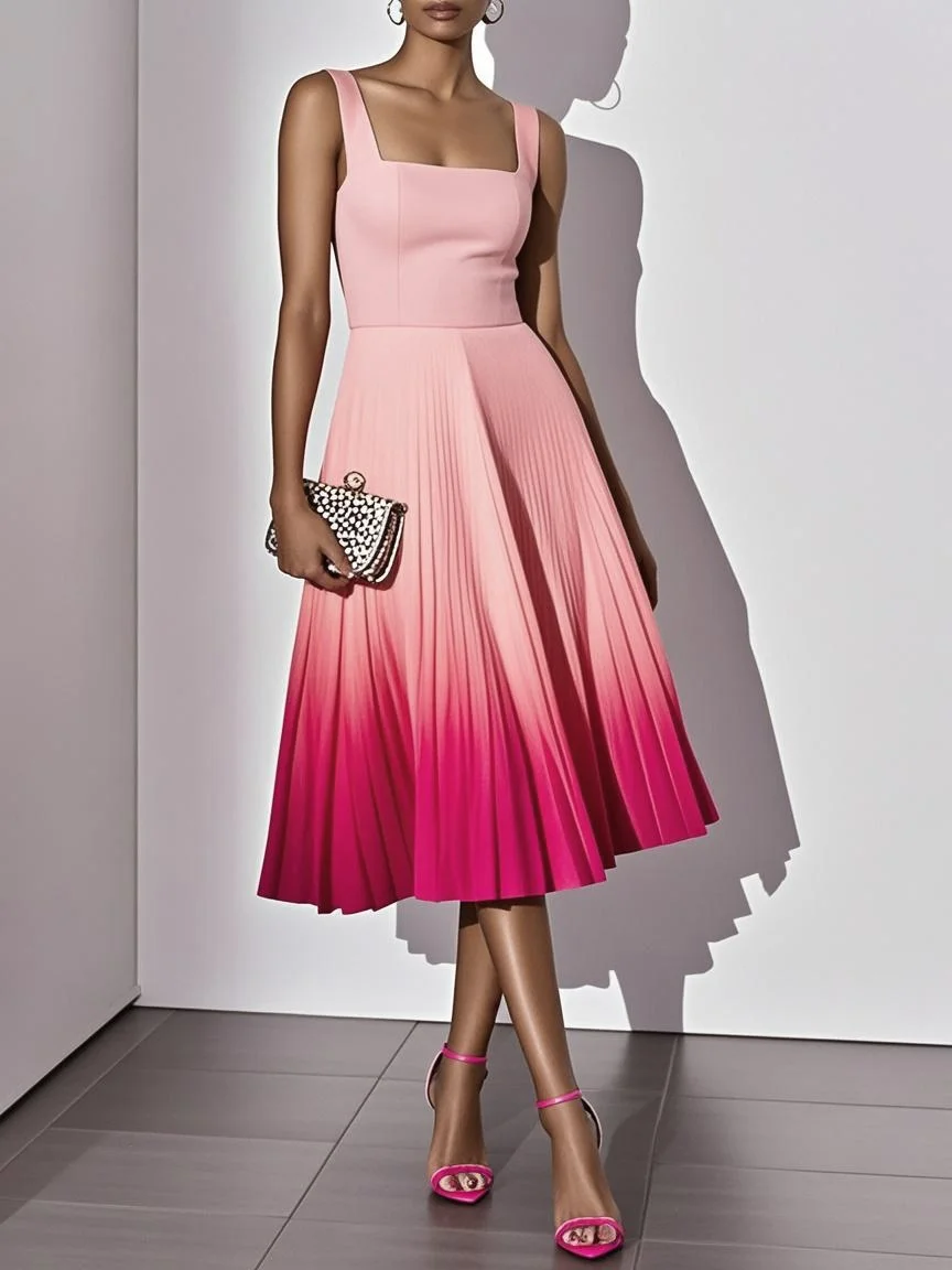 Orange Pleated Classic Square Neck Sleeveless A-Line Midi Dress