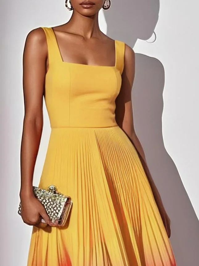 Orange Pleated Classic Square Neck Sleeveless A-Line Midi Dress