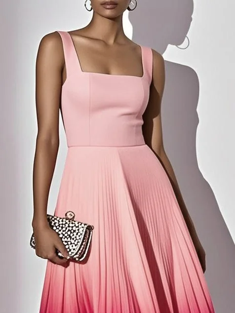 Orange Pleated Classic Square Neck Sleeveless A-Line Midi Dress
