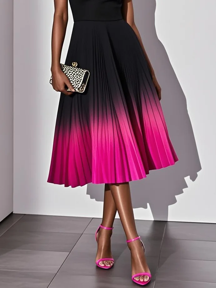 Orange Pleated Classic Square Neck Sleeveless A-Line Midi Dress