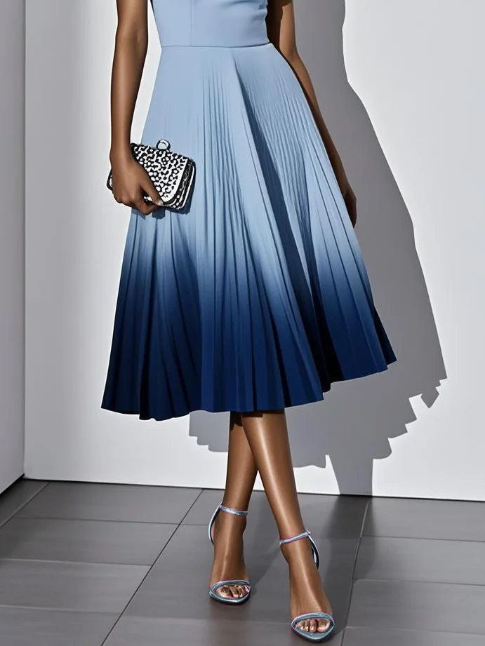 Orange Pleated Classic Square Neck Sleeveless A-Line Midi Dress