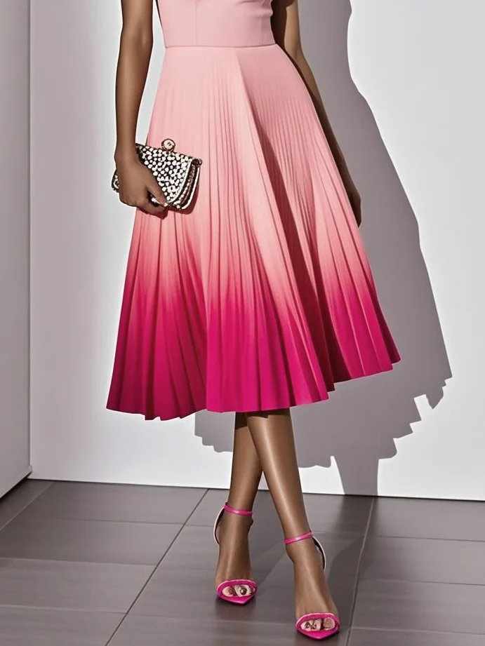 Orange Pleated Classic Square Neck Sleeveless A-Line Midi Dress