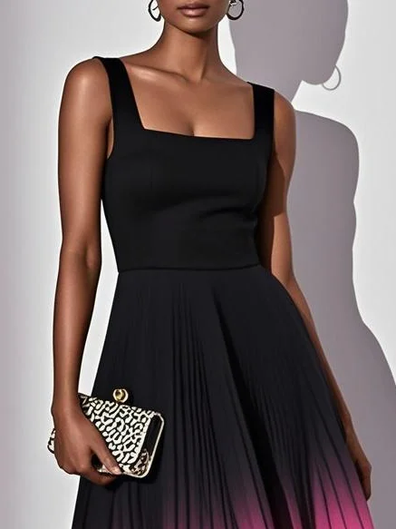 Orange Pleated Classic Square Neck Sleeveless A-Line Midi Dress
