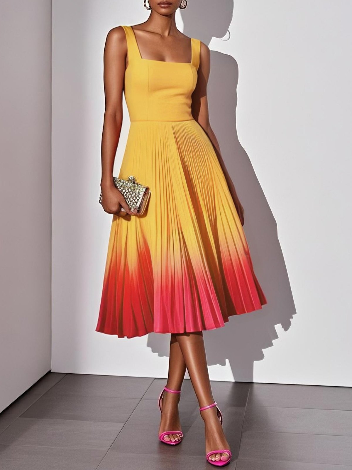 Orange Pleated Classic Square Neck Sleeveless A-Line Midi Dress