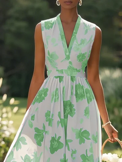 Light Blue Chiffon Floral V Neck Sleeveless A-Line Maxi Dress