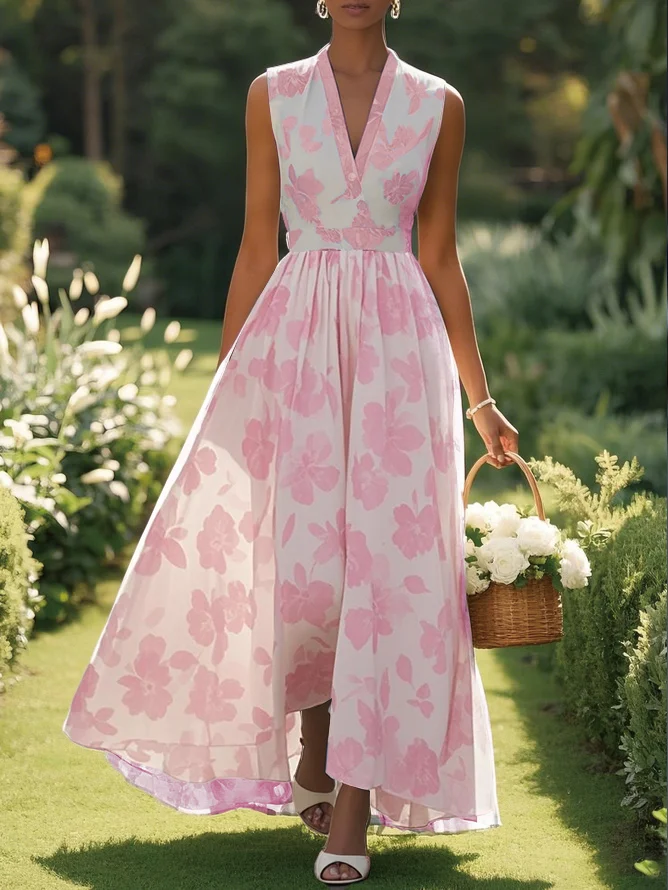 Light Blue Chiffon Floral V Neck Sleeveless A-Line Maxi Dress