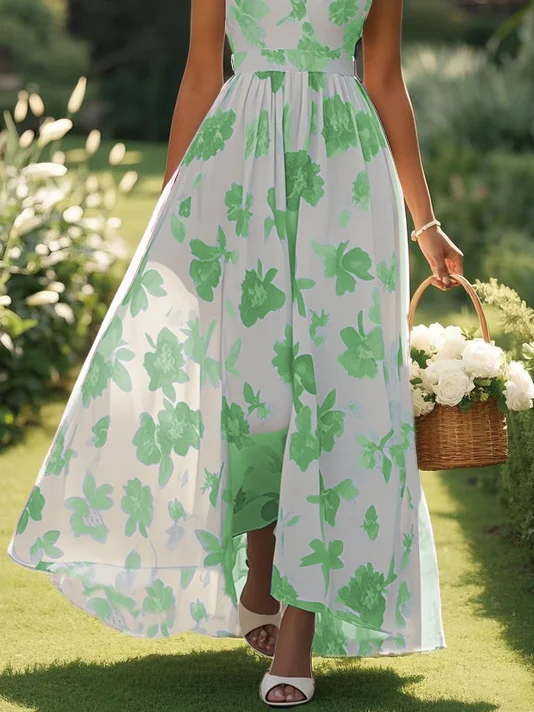 Light Blue Chiffon Floral V Neck Sleeveless A-Line Maxi Dress