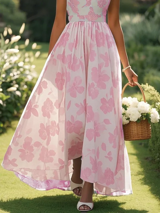 Light Blue Chiffon Floral V Neck Sleeveless A-Line Maxi Dress