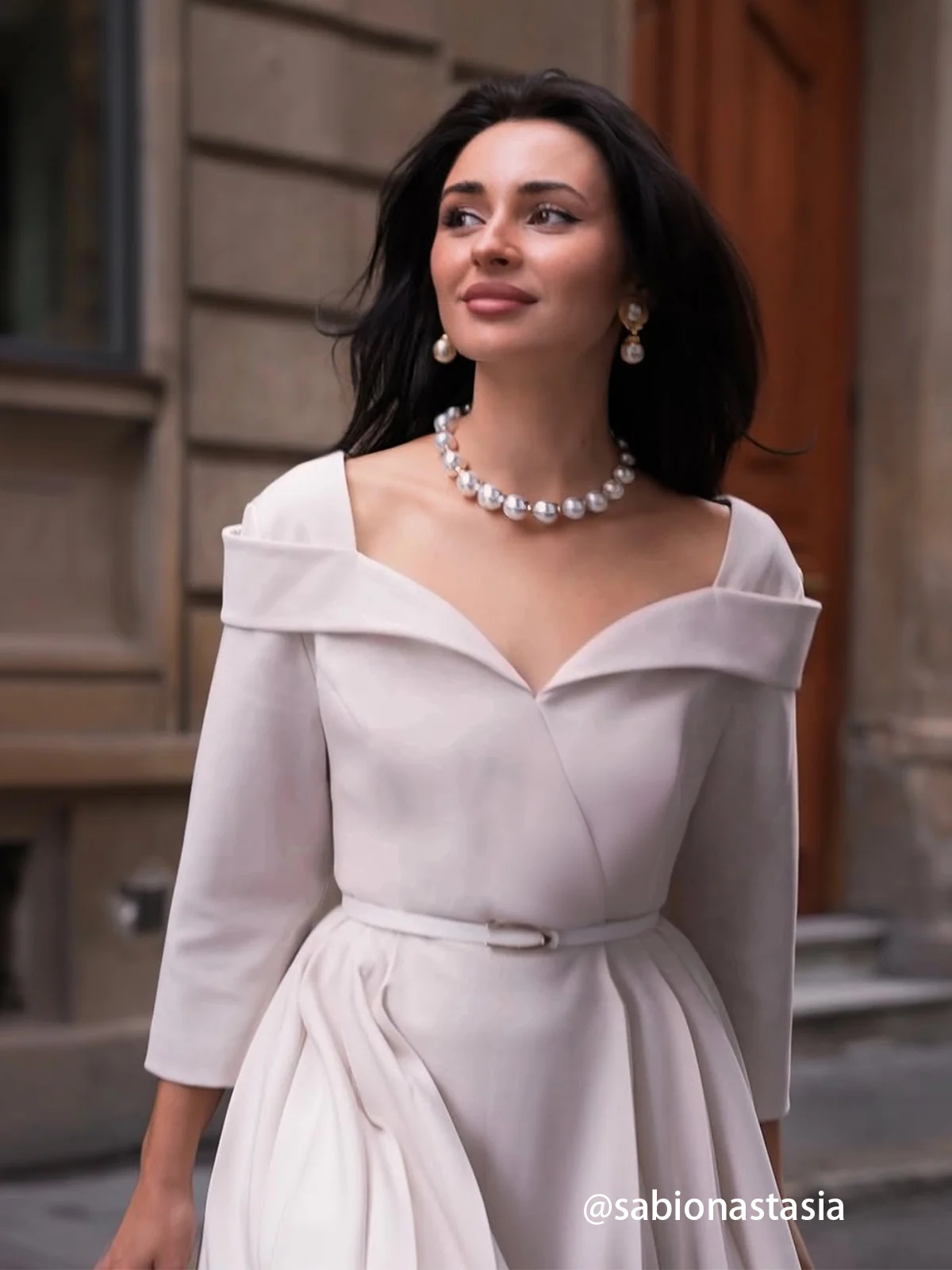 Off White Pleated Ruched Three Quarter Sleeve A-Line Maxi Dress