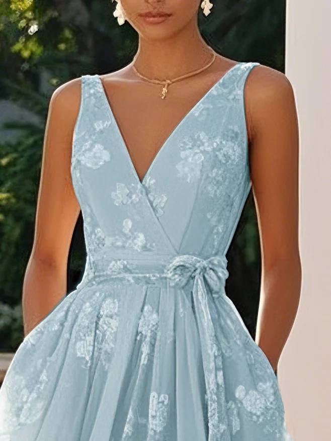 Light Pink Embroidered V Neck Sleeveless A-Line Midi Dress