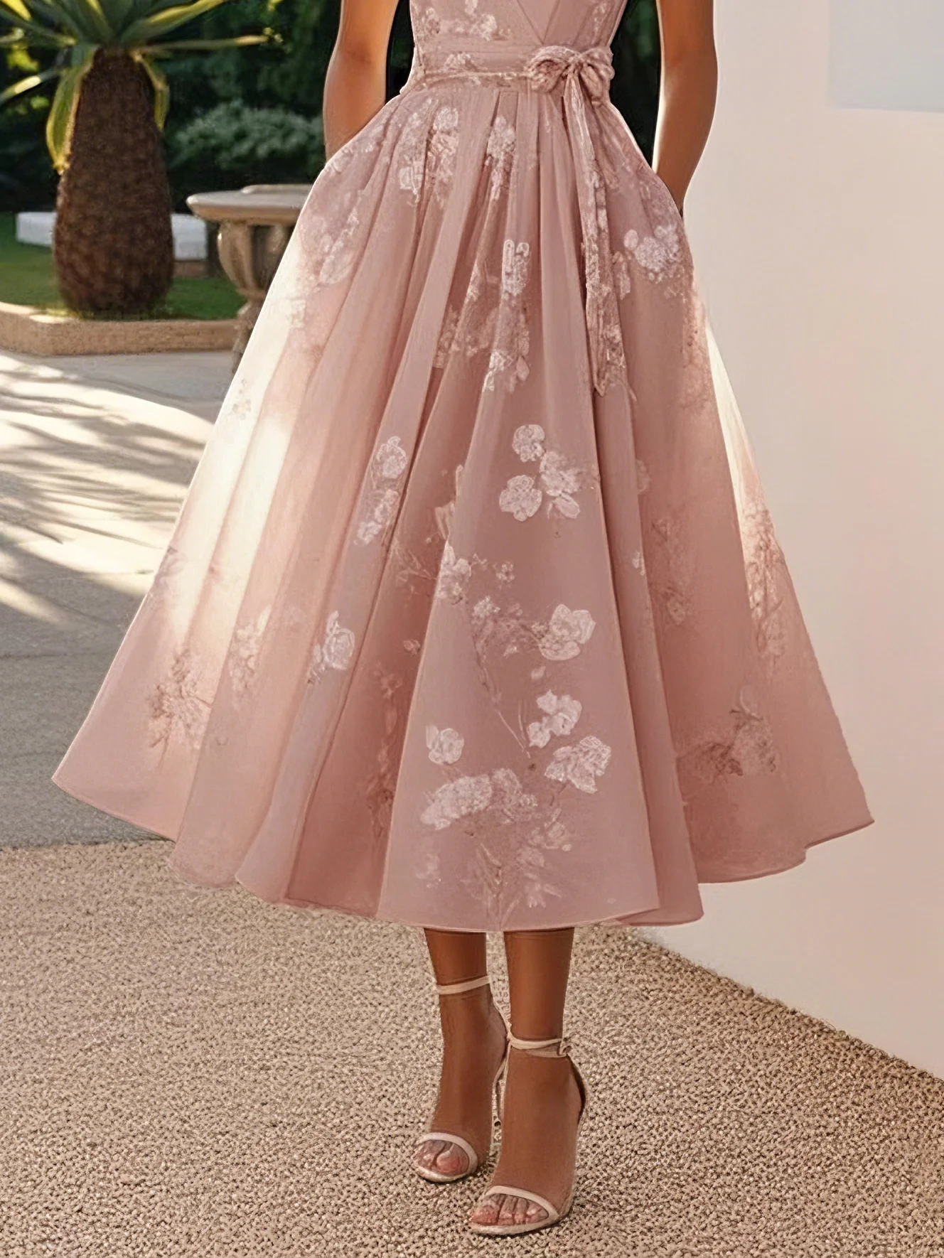 Light Pink Embroidered V Neck Sleeveless A-Line Midi Dress