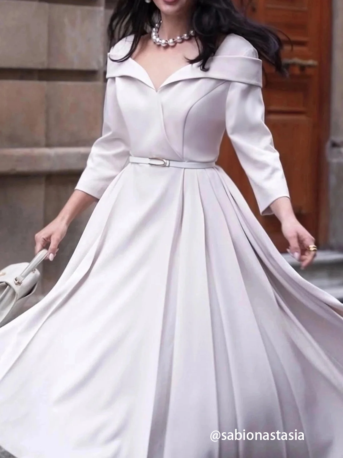Off White Pleated Ruched Three Quarter Sleeve A-Line Maxi Dress