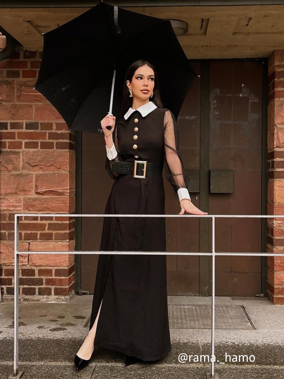 Black Mesh Collared Long Puff Sleeve Slit A-Line Blazer Maxi Dress