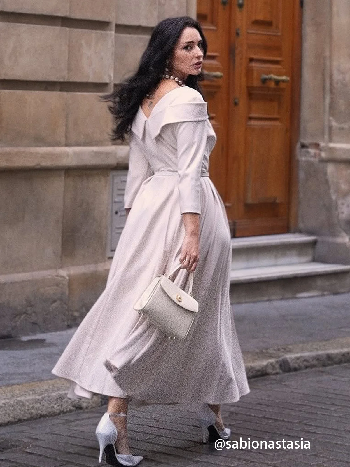 Off White Pleated Ruched Three Quarter Sleeve A-Line Maxi Dress