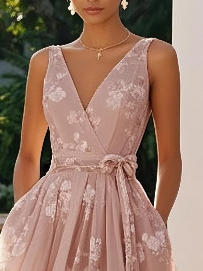 Light Pink Embroidered V Neck Sleeveless A-Line Midi Dress