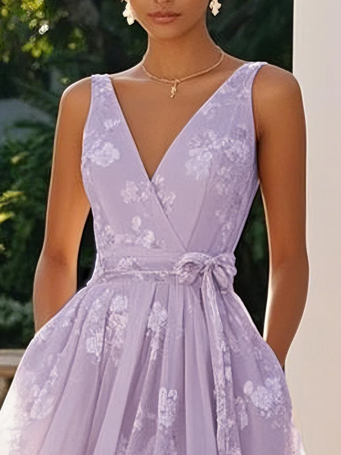 Light Pink Embroidered V Neck Sleeveless A-Line Midi Dress