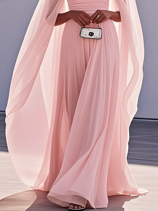 Yellow Pleated Chiffon Dress Square Neck Long Sleeve A-Line Gown