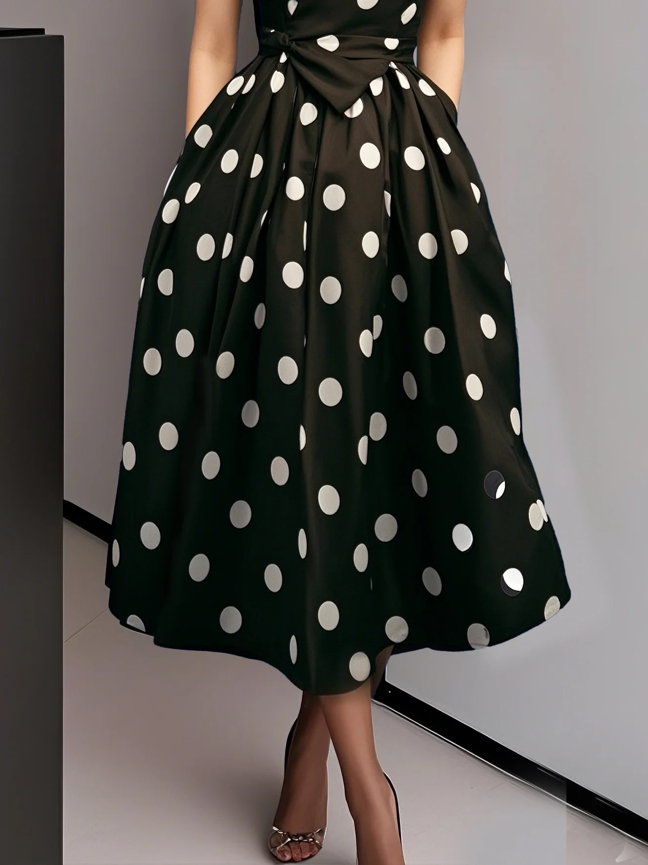 White Polka Dots V Neck Sleeveless A-Line Midi Dress