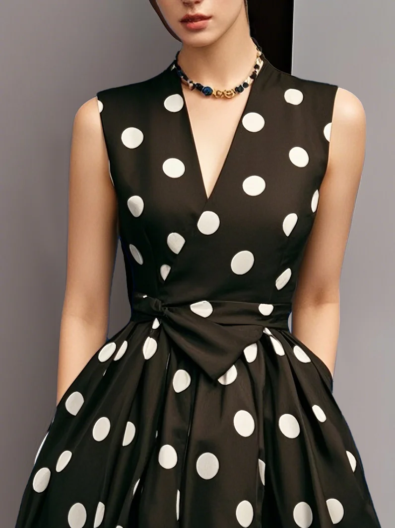 White Polka Dots V Neck Sleeveless A-Line Midi Dress