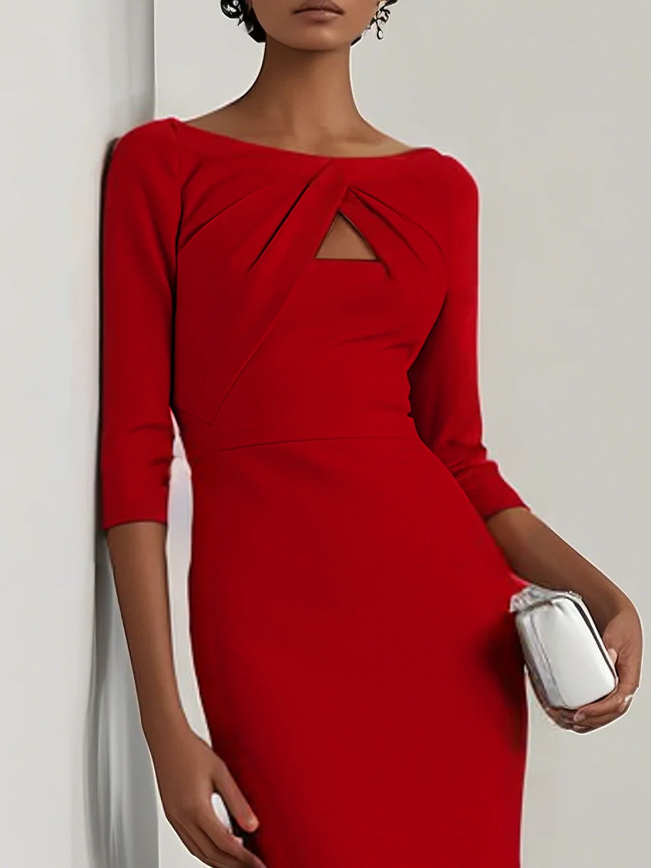 Light Blue Ruched Boat Neck Half Sleeve Sheath Midi Dress