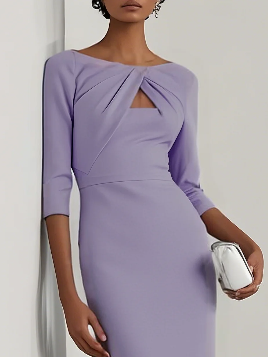 Light Blue Ruched Boat Neck Half Sleeve Sheath Midi Dress