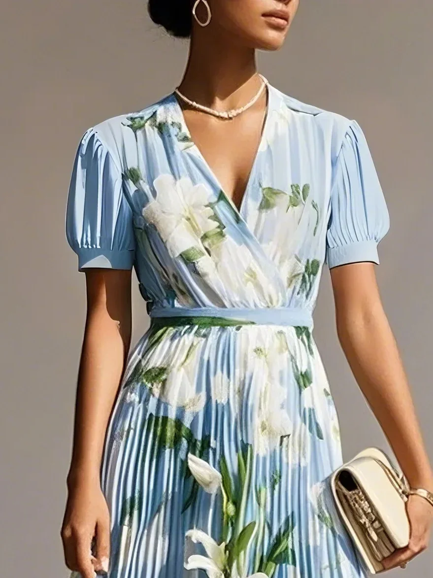 Light Blue Pleated Floral Chiffon V Neck Short Sleeve Balloon Sleeve A-Line Maxi Dress