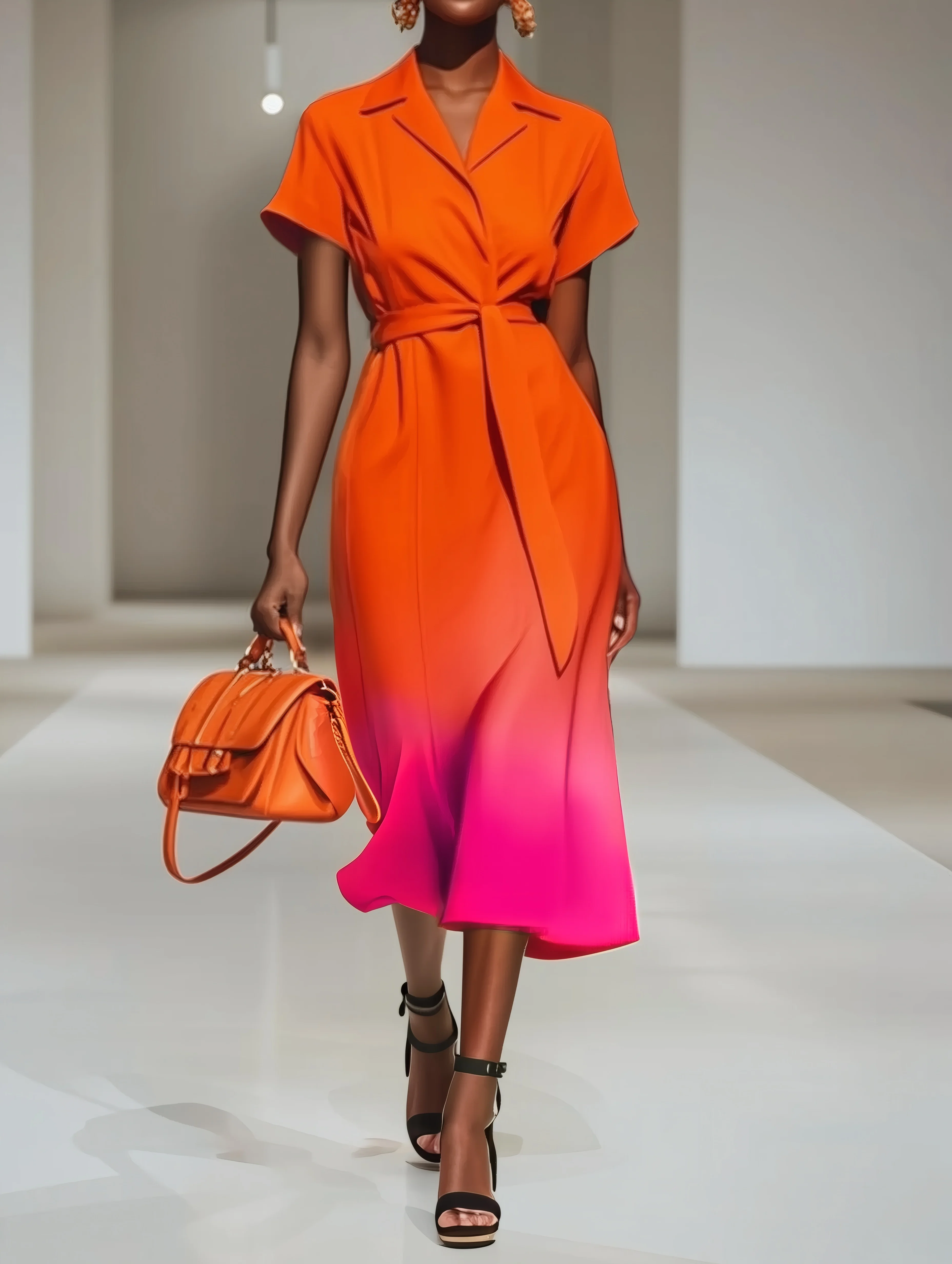 Orange Red Classic Lapel Collar Short Sleeve A-Line Midi Dress