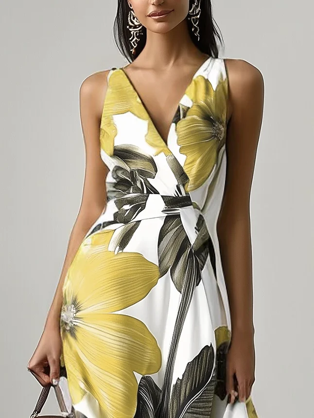 Orange Floral Classic V Neck Sleeveless A-Line Maxi Dress