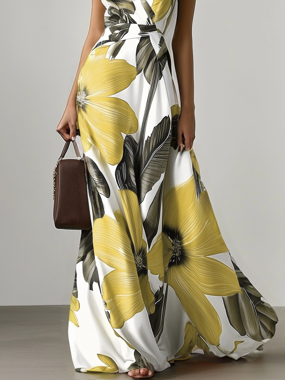 Orange Floral Classic V Neck Sleeveless A-Line Maxi Dress