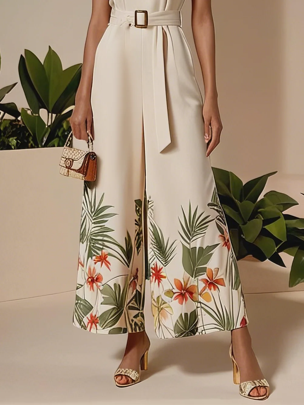 Off White Floral Crew Neck Regular Fit Morden Jumpsuit