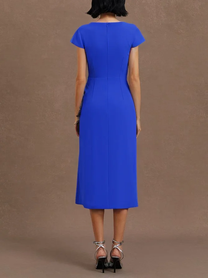 Light Blue Ruched Asymmetric Classic Cowl Neck Cap Sleeve Sheath Midi Dress