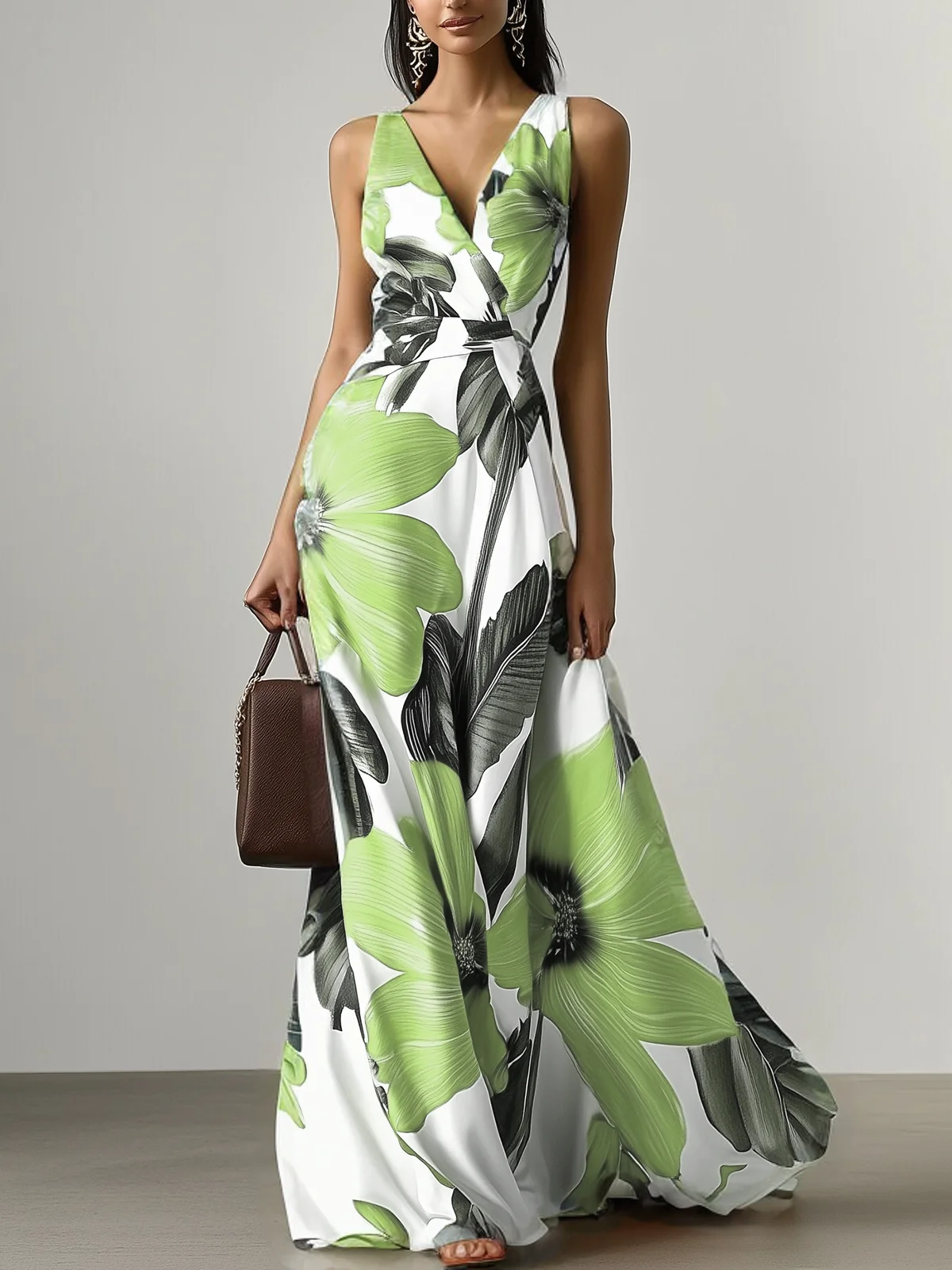 Orange Floral Classic V Neck Sleeveless A-Line Maxi Dress