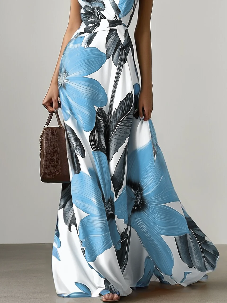 Orange Floral Classic V Neck Sleeveless A-Line Maxi Dress