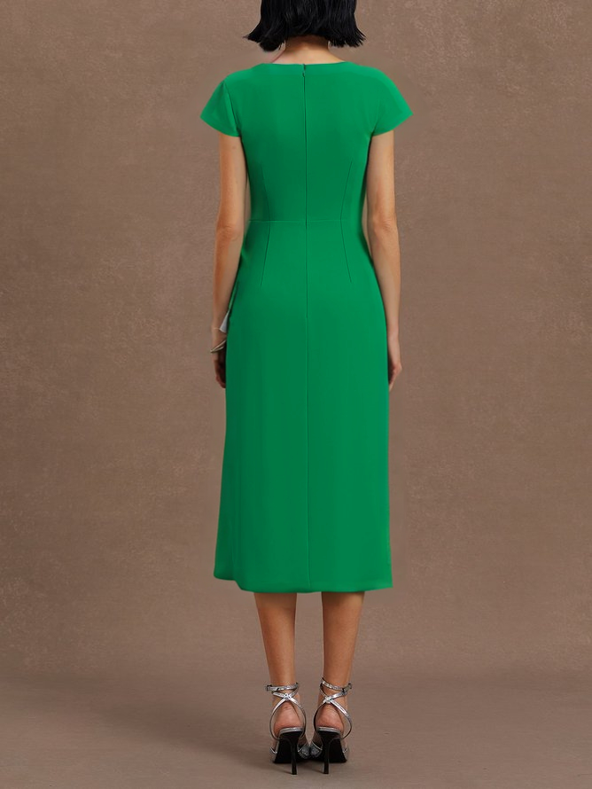Light Blue Ruched Asymmetric Classic Cowl Neck Cap Sleeve Sheath Midi Dress