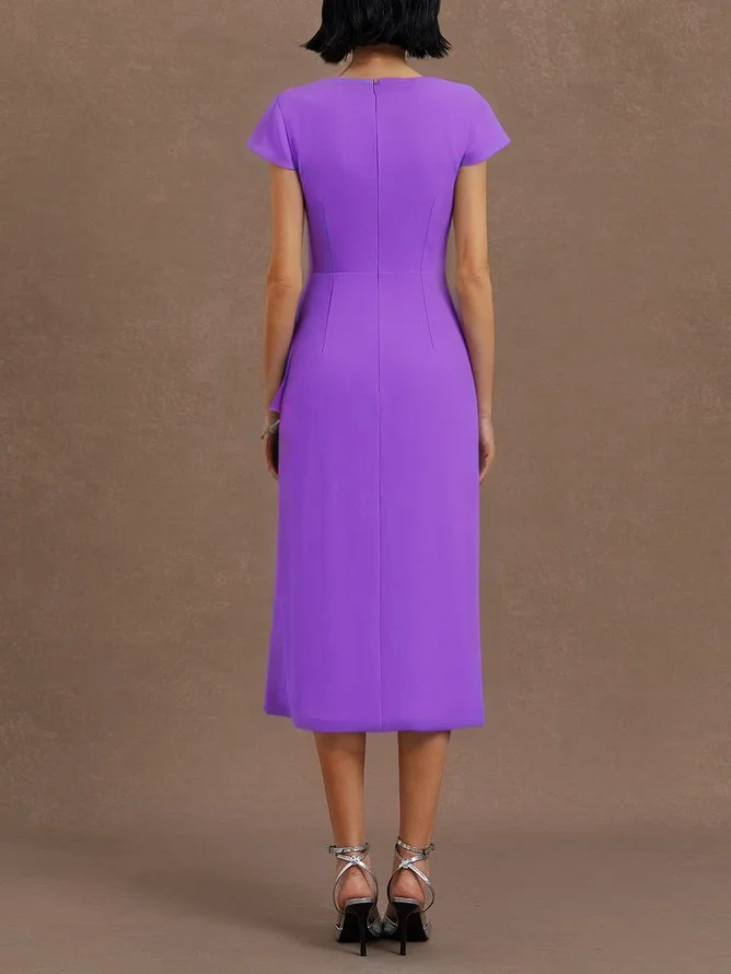 Light Blue Ruched Asymmetric Classic Cowl Neck Cap Sleeve Sheath Midi Dress