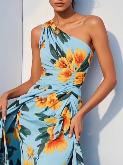 Blue Floral One Shoulder Sleeveless A-Line Midi Dress