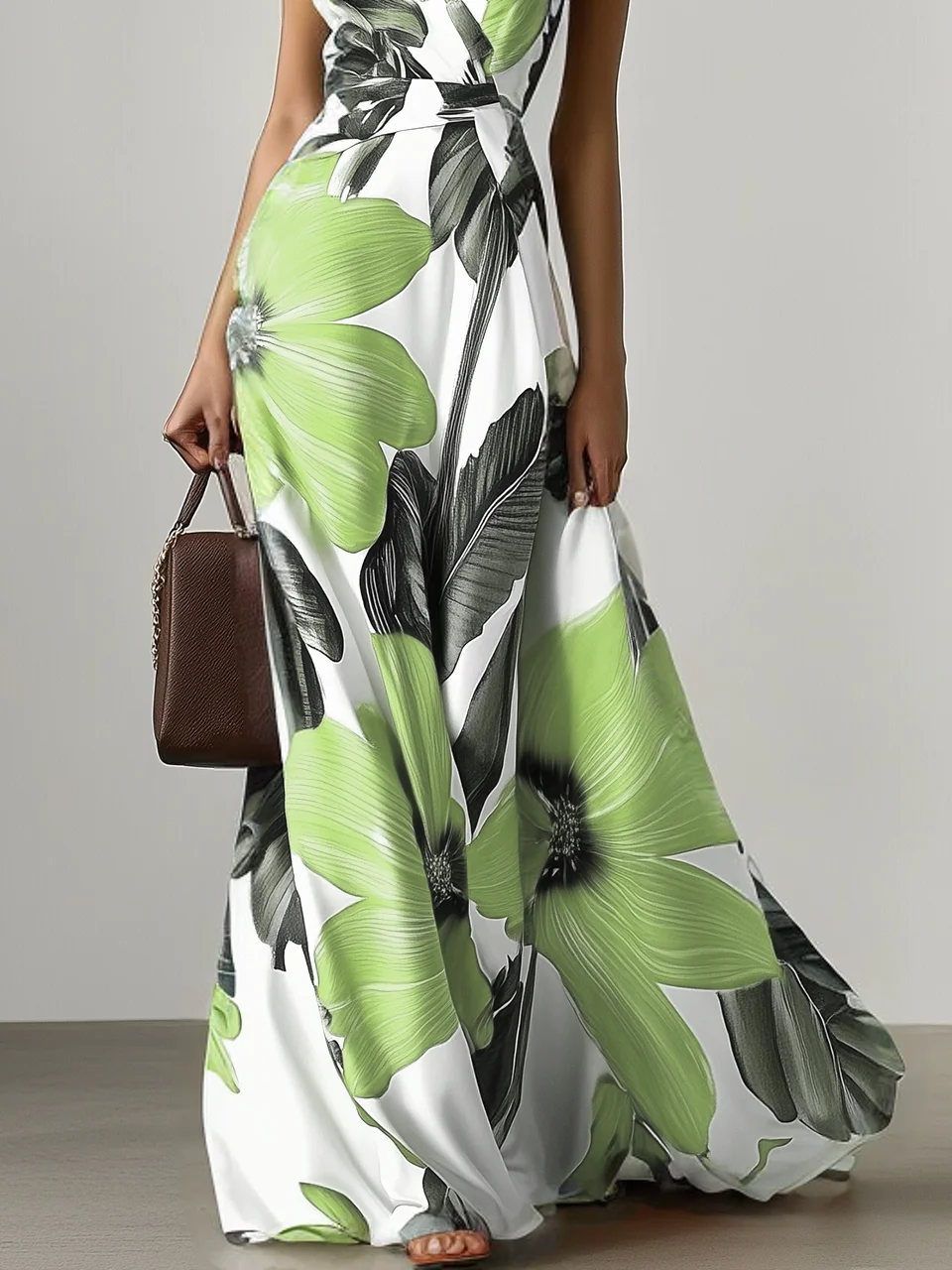 Orange Floral Classic V Neck Sleeveless A-Line Maxi Dress