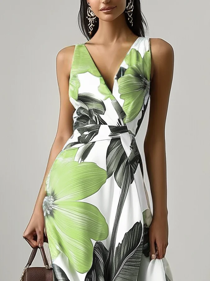 Orange Floral Classic V Neck Sleeveless A-Line Maxi Dress